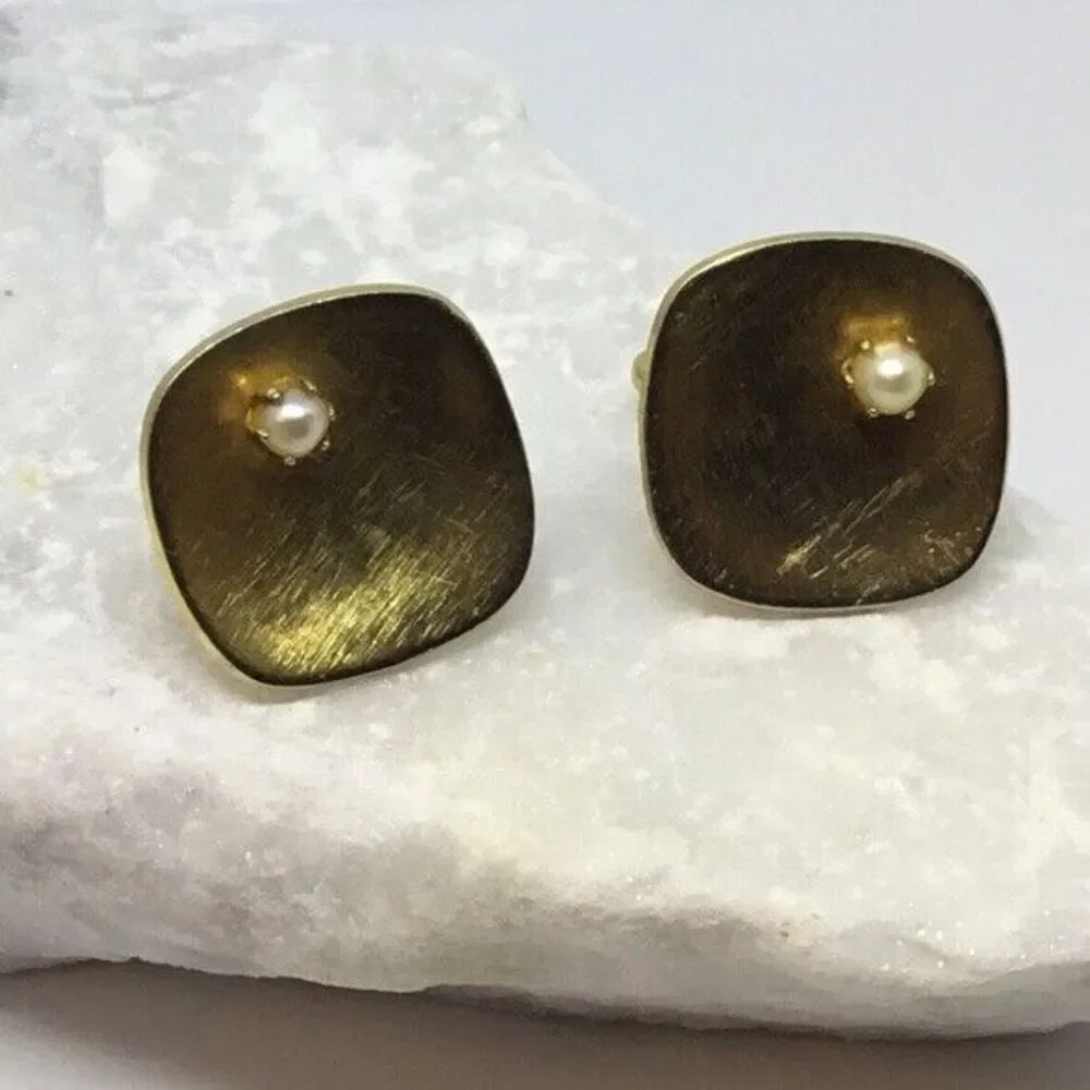 Vtg Cufflinks Concave Geometric Mid Century Gold Tone W/‎ Pearls MCM Luxury